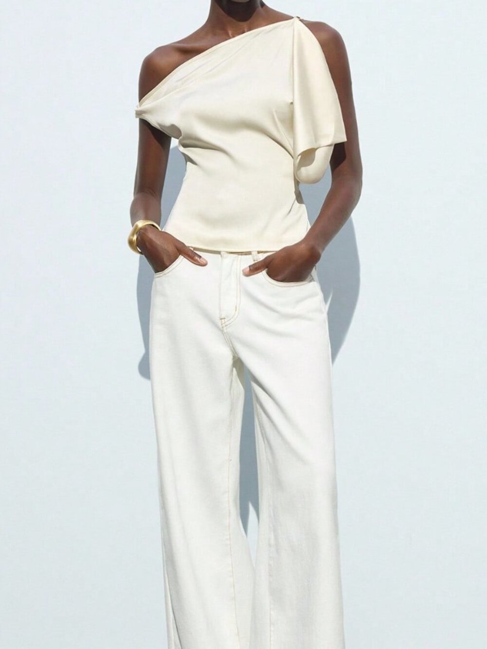White Elegant Women's Asymmetrical Neck Top - Picture 3 of 6